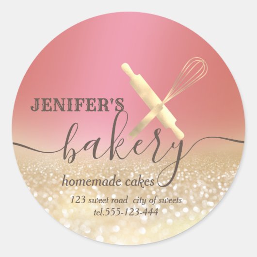 Glitterie Walzen Button & Whisk Koch Skript-Bäcker Runder Aufkleber (Vorderseite)