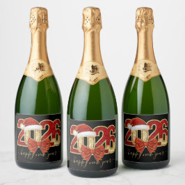 Glittering 2026 New Year Design with Santa Hat  Schaumweinetikett