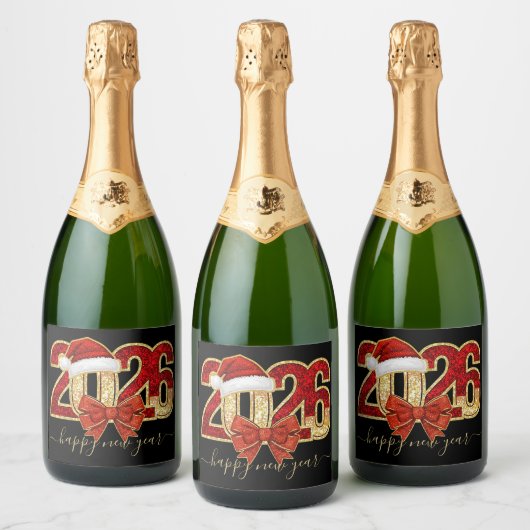 Glittering 2026 New Year Design with Santa Hat  Schaumweinetikett (Flaschen)