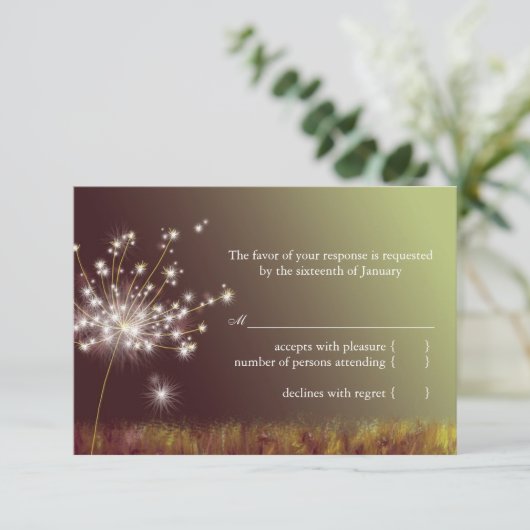 Glittering Abend Dandelion Wedding RSVP (Stehend Vorderseite)