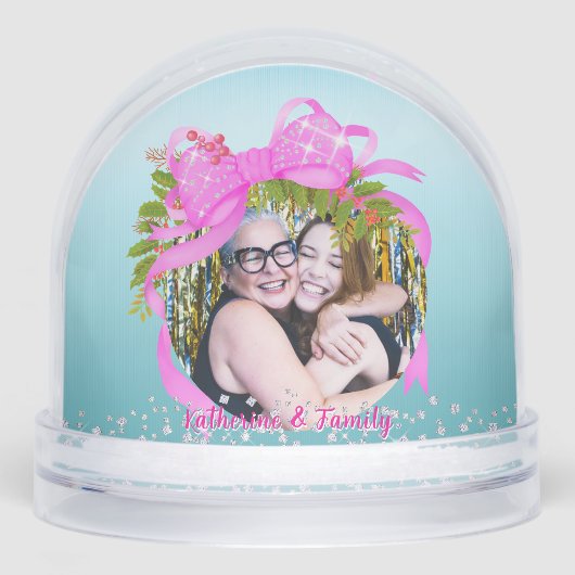 Glittering Christmas Pink Bow Photo Blue Schneekugeln (Vorderseite)