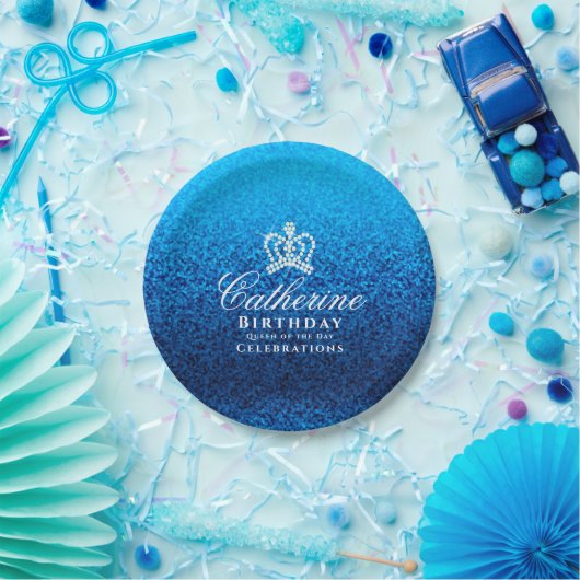 Glittering Crown Blue Pappteller (Party)