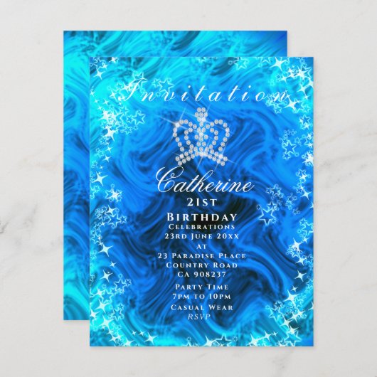 Glittering Crown Gradient Aqua Einladung (Vorne/Hinten)