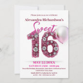 Glittering Edelsteine und Pink Balloon Sweet 16 Einladung (Vorderseite)
