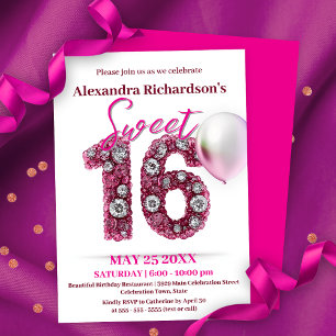 Glittering Edelsteine und Pink Balloon Sweet 16 Einladung