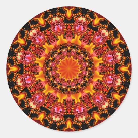 Glittering Gold Mandala, Abstrakt Red Orange Amber Runder Aufkleber (Vorderseite)