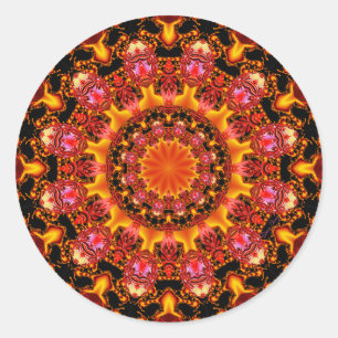 Glittering Gold Mandala, Abstrakt Red Orange Amber Runder Aufkleber