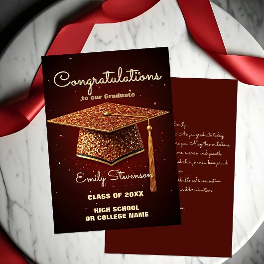 Glittering Graduation Cap and Confetti on Red Karte