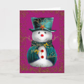 Glittering Green Velvet Snowman Pink Christmas Karte (Vorderseite)