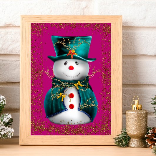 Glittering Green Velvet Snowman Pink Christmas Karte