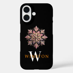 Glittering Pink Snowflake Elegance Monogram Black iPhone 16 Hülle