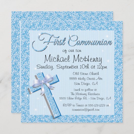 Glittering Sequin Blue First Communitation Einladu Einladung (Vorne/Hinten)