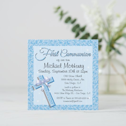 Glittering Sequin Blue First Communitation Einladu Einladung (Stehend Vorderseite)