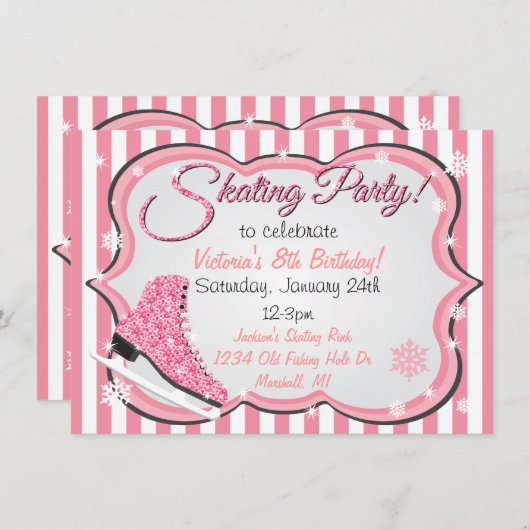 Glittering Sequin Pink Ice Skaten Party lädt ein Einladung (Vorne/Hinten)