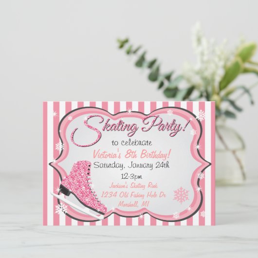 Glittering Sequin Pink Ice Skaten Party lädt ein Einladung (Stehend Vorderseite)