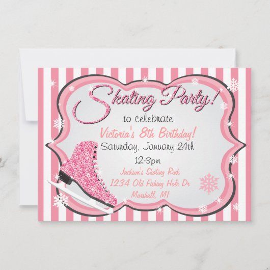 Glittering Sequin Pink Ice Skaten Party lädt ein Einladung (Vorderseite)