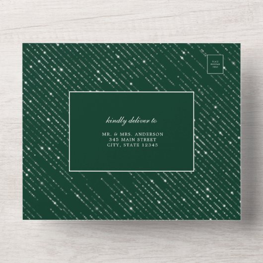 Glittering Silver Emerald Green Modern Wedding All In One Einladung (Vorderseite)