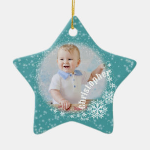 Glittering Snow Flakes Aqua Keramik Ornament