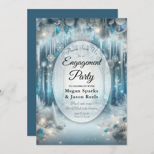 Glittering Snowy Forest Engagement Party Einladung (Vorne/Hinten)