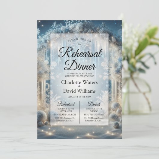 Glittering Snowy Forest Probe Dinner Einladung (Stehend Vorderseite)