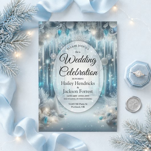 Glittering Snowy Forest Wedding Einladung