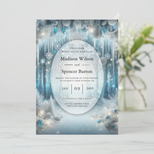 Glittering Snowy Forest Wedding Einladung (Stehend Vorderseite)