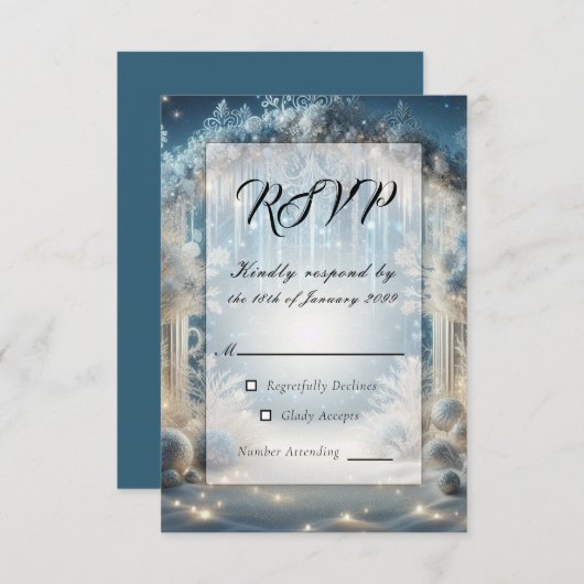 Glittering Snowy Forest Wedding RSVP Karte (Vorne/Hinten)