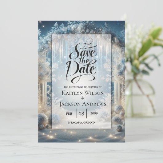 Glittering Snowy Forest Wedding Save The Date (Stehend Vorderseite)