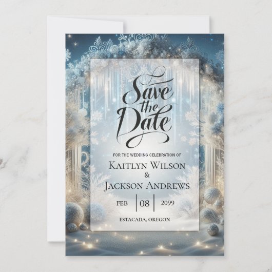 Glittering Snowy Forest Wedding Save The Date (Vorderseite)