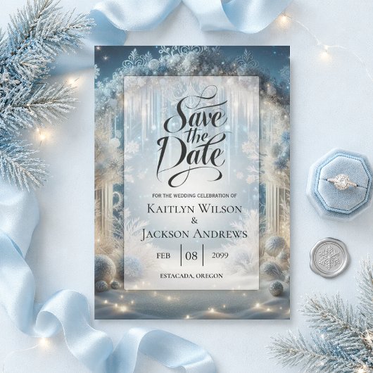 Glittering Snowy Forest Wedding Save The Date