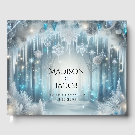 Glittering Snowy Forest Winter Wedding Gästebuch (Vorderseite)