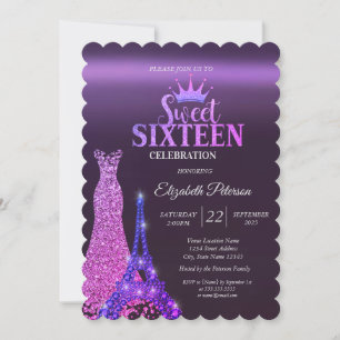 Glitterkleid, Tiara, Eiffelturm Lila Sweet 16 Einladung