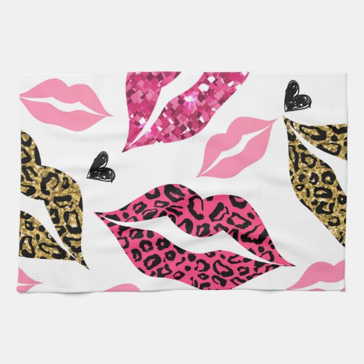 Glitternde Lippen: Leopard-Modedesign Geschirrtuch (Horizontal)
