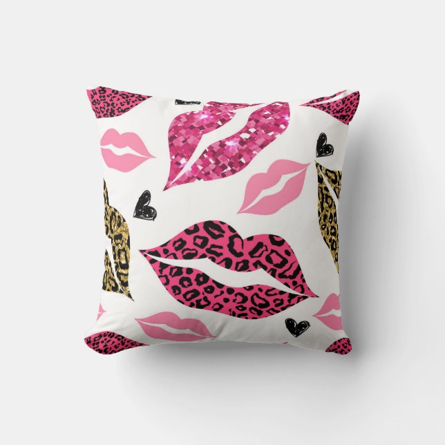Glitternde Lippen: Leopard-Modedesign Kissen (Vorderseite)