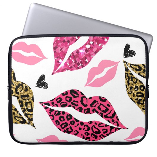 Glitternde Lippen: Leopard-Modedesign Laptopschutzhülle (Vorderseite)