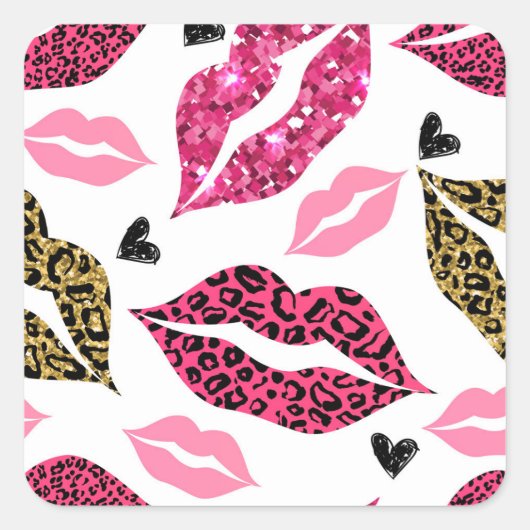 Glitternde Lippen: Leopard-Modedesign Quadratischer Aufkleber (Vorderseite)