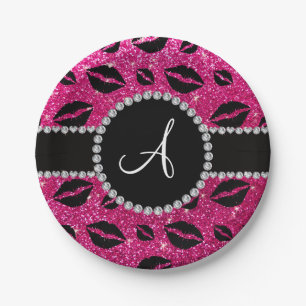 Glitterneonküsse des heißen Rosas des Monogramms Pappteller