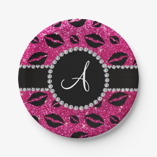 Glitterneonküsse des heißen Rosas des Monogramms Pappteller (Vorderseite)