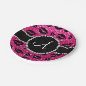 Glitterneonküsse des heißen Rosas des Monogramms Pappteller (Schrägansicht)