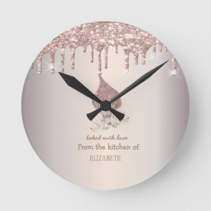 Glitterquaste Rose Gold Glittertropfen Bäckerei    Runde Wanduhr
