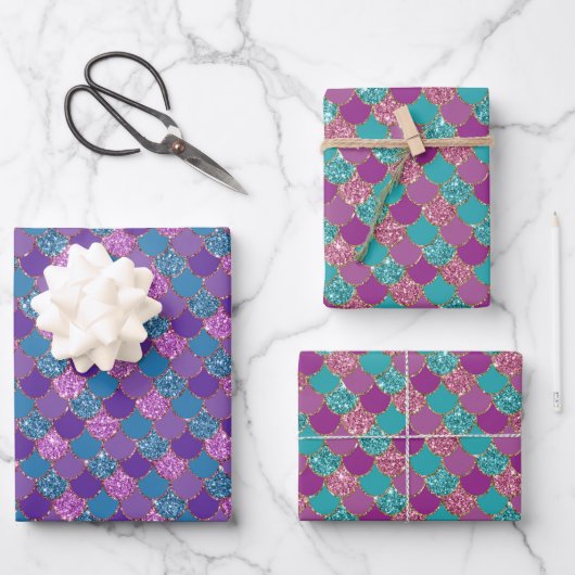 Glitterrosa lila und blaue Meerjungwaagen Geschenkpapier Set (Vorderseite)