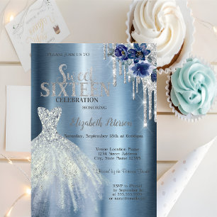Glittertropfen, Blaue Kleid Blumen Metallisch Swee Einladung