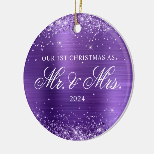 Glittery Amethyst Foil Unser 1. Weihnachtsfest Fot Keramik Ornament (Links)