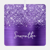 Glittery Amethyst Lila Glam Name Square Foto Ornament Aus Metall (Vorderseite)