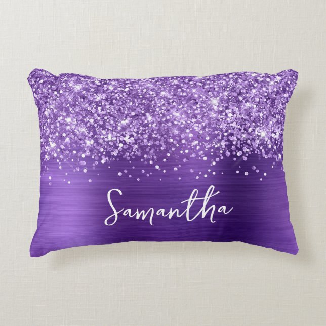 Glittery Amethyst Lila Glam Script Name Dekokissen (Vorderseite)