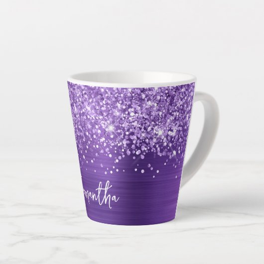 Glittery Amethyst Lila Glam Script Name Milchtasse (Rechte Ecke)