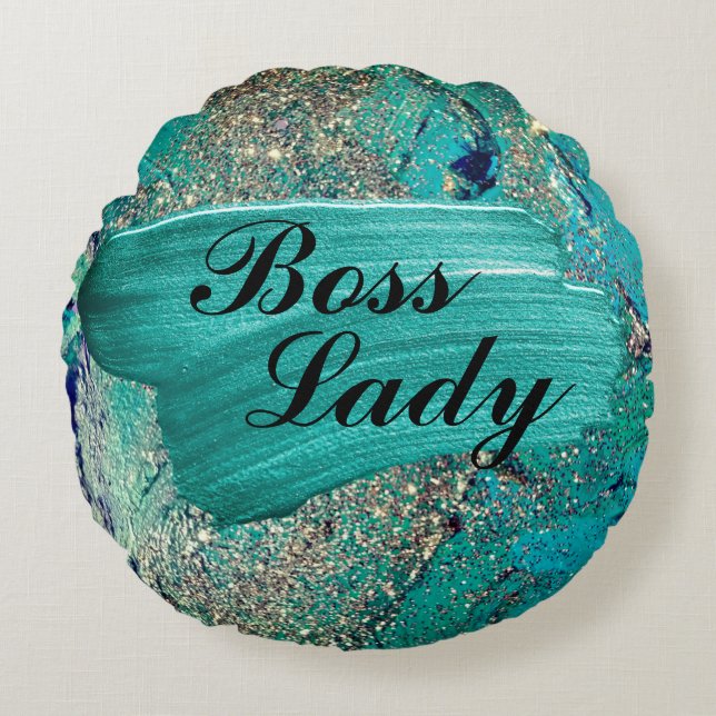 Glittery Aqua Paint Strokes Boss Lady Rundes Kissen (Vorderseite)
