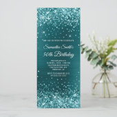 Glittery Aquamarin Blue Foil 50. Geburtstag Einladung (Stehend Vorderseite)