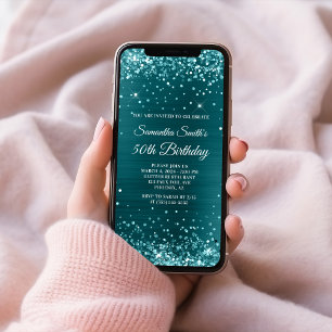 Glittery Aquamarin Blue Foil 50. Geburtstag Einladung