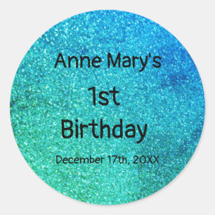 Glittery Aquamarin Blue Green First 1. Geburtstag  Runder Aufkleber